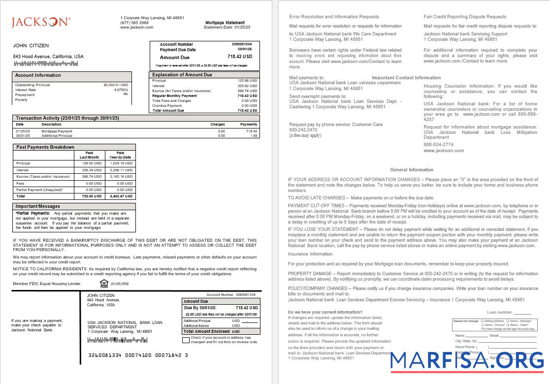 Printable USA Jackson National bank mortgage statement in Word and PDF formats example